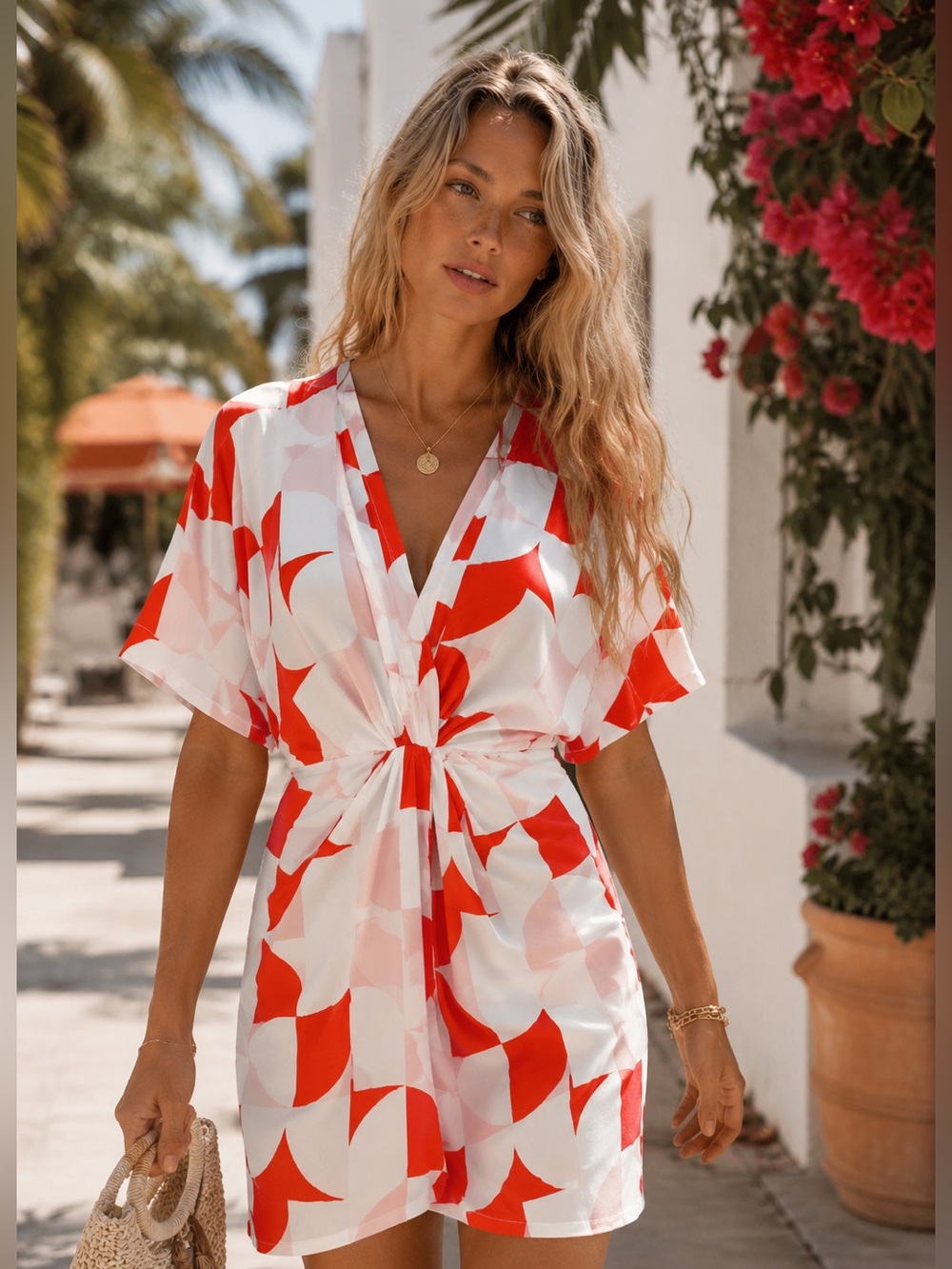 LAST 1 ❤️ Boho Geo Print Twist Front Mini Dress Orange Red